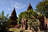 The cluster of red brick temples, named Khay-min-gha on the map on the North plain of Bagan. Myanmar. 